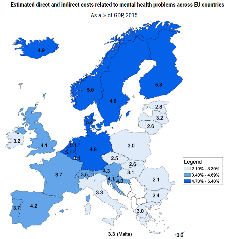 Estimated direct and indirect costs related to mental health problems across Europe